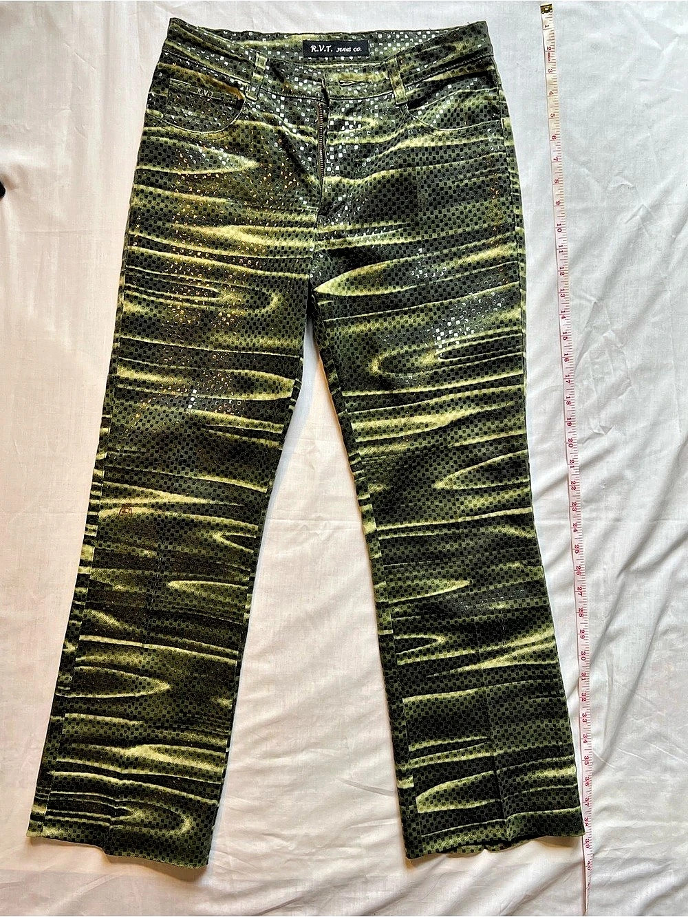 Unique Print and Texture RVT Green & Black Geometric Jeans (Modern Size 4-6)
